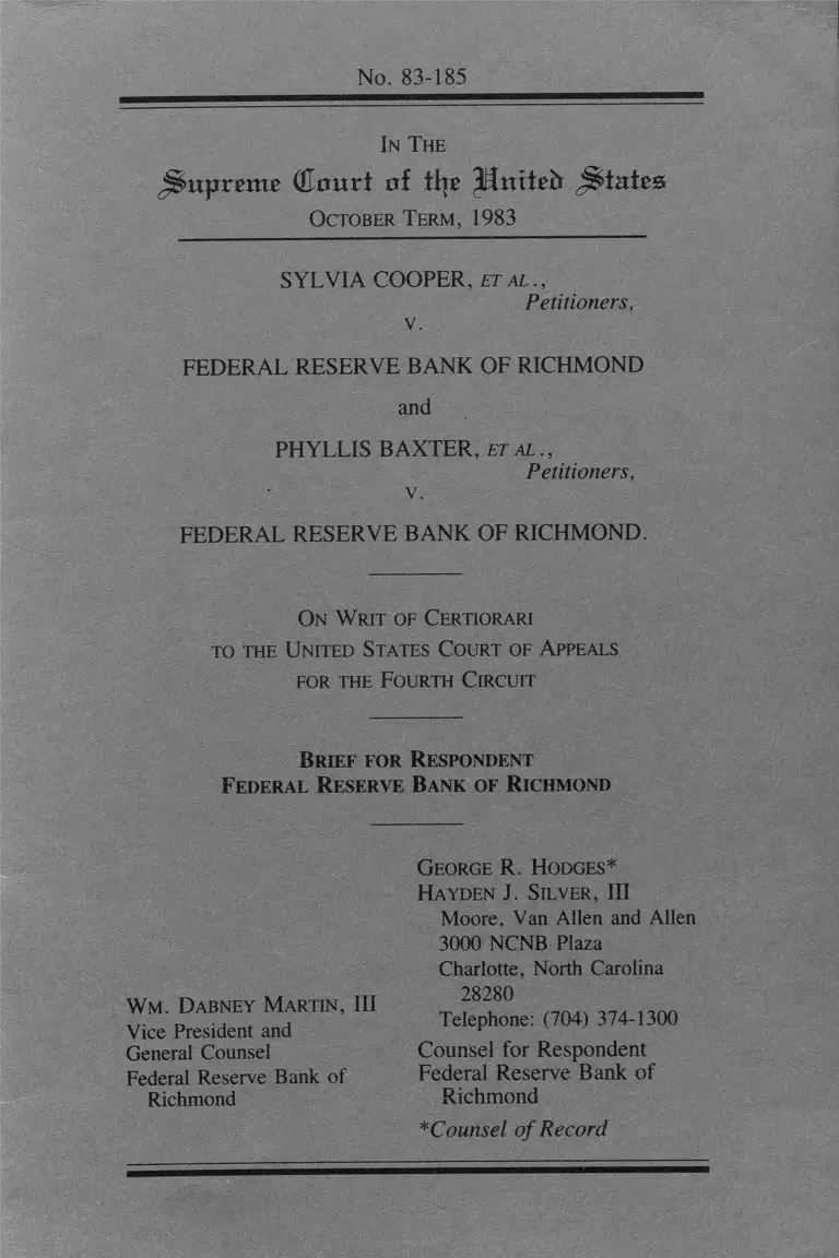 Cooper v. Federal Reserve Bank of Richmond Brief for Respondent Federal Reserve Bank of Richmond preview