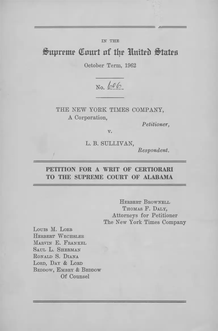 The New York Times Company v. Sullivan Petition for a Writ of Certiorari to the Supreme Court of Alabama preview
