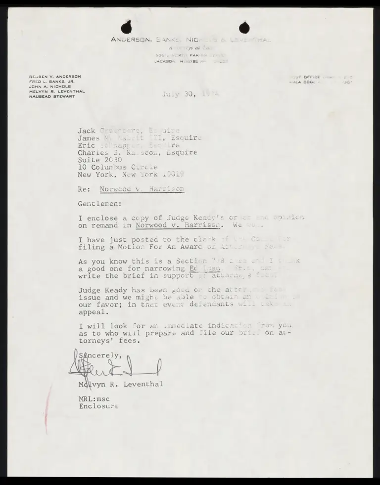 Correspondence from Leventhal to Counsel Re: Attorney's fees; Order; Memorandum Opinion preview
