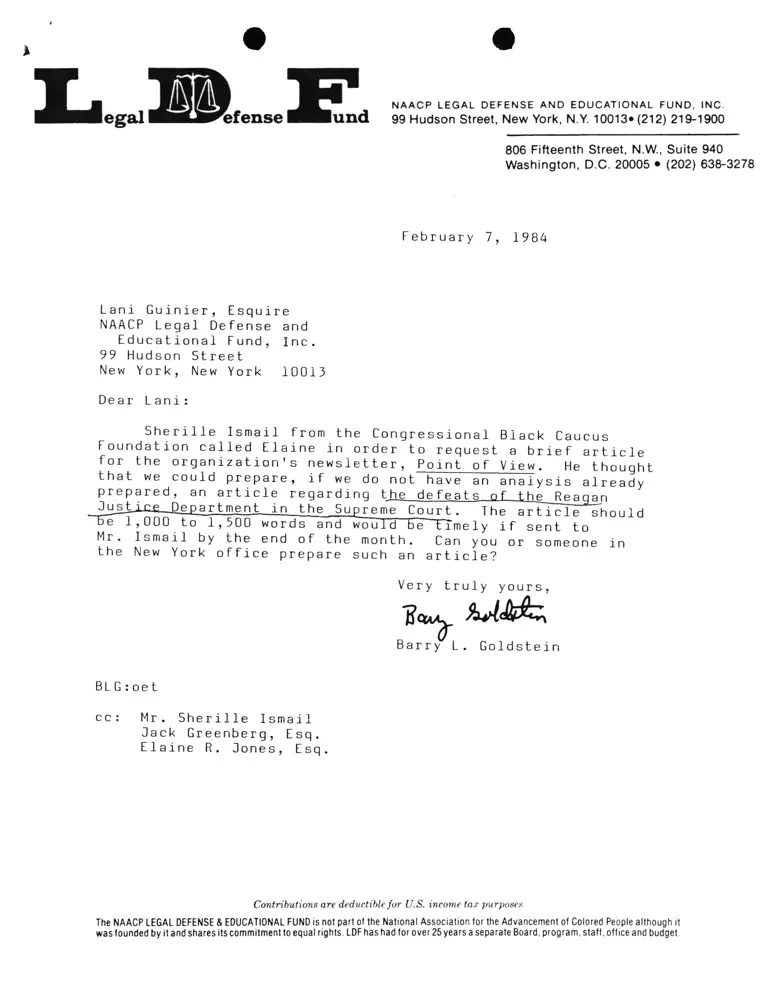 Letter from Barry Goldstein to Lani Guinier RE: Article for Congressional Black Caucus Newsletter preview