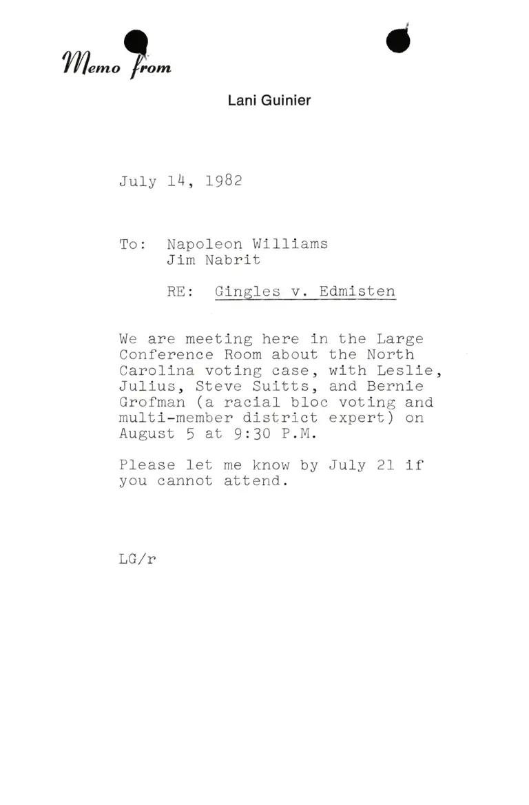 Memo from Lani Guinier to Napoleon Williams and Jim Nabrit re Gingles preview