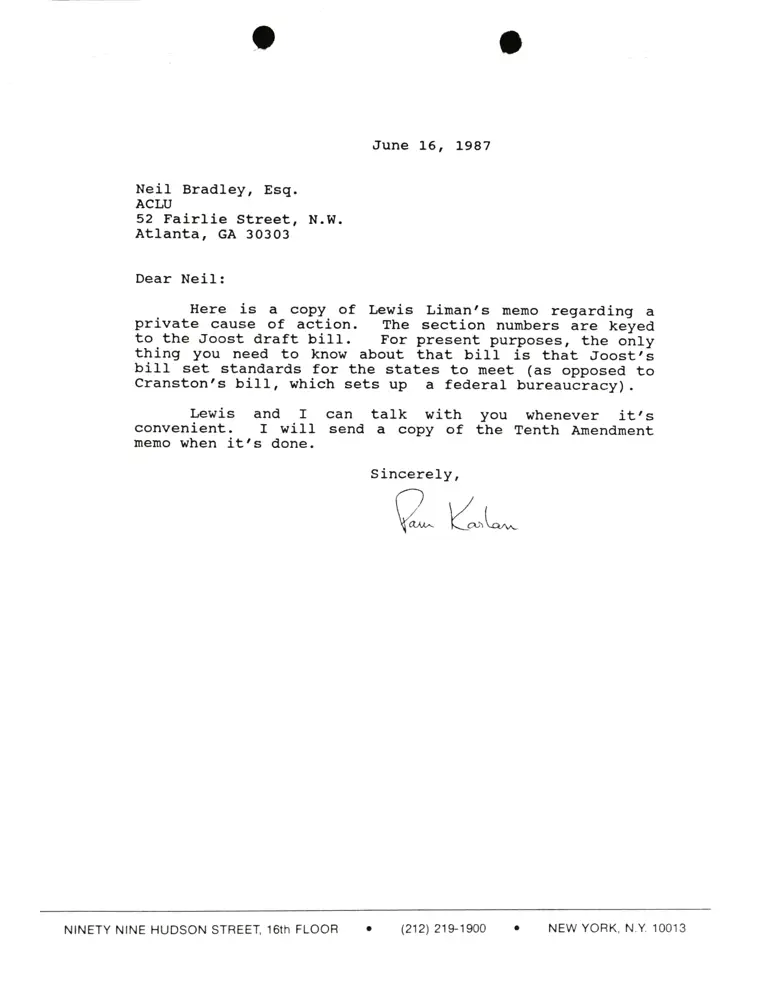 Correspondence from Pamela Karlan to Neil Bradley (ACLU) preview
