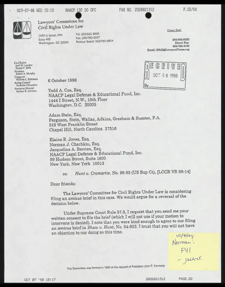 Correspondence from Still to Cox, Stein, and Jones Re: Amicus Brief preview