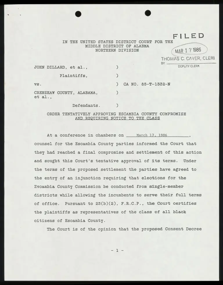 Order Tentatively Approving Escambia County Compromise and Requiring Notice to the Class; Notice of Proposed Settlement preview