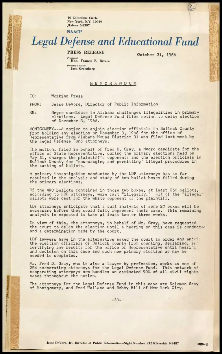 Memorandum on Fred D. Gray Election Challenge in Alabama preview