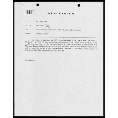 Memorandum From Shaw to Legal Staff RE: LDF’s Victory in the State of N.Y. Court of Appeals preview