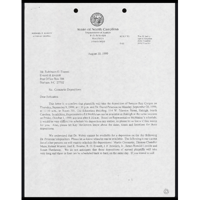 Correspondence from Smiley to Everett Re: Cromartie Depositions preview