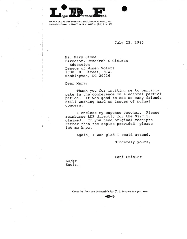 Correspondence from Lani Guinier to Mary Stone (League of Women Voters) preview