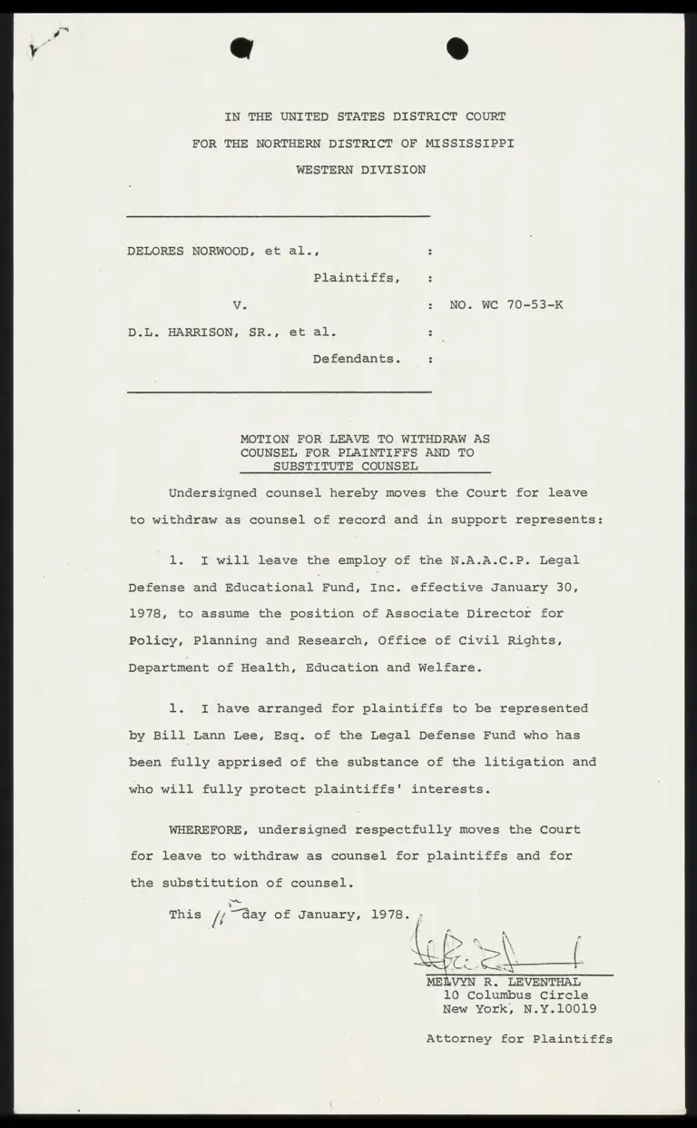 Motion for Leave to Withdraw as Counsel for Plaintiffs and to Substitute Counsel; Order; Addendum preview