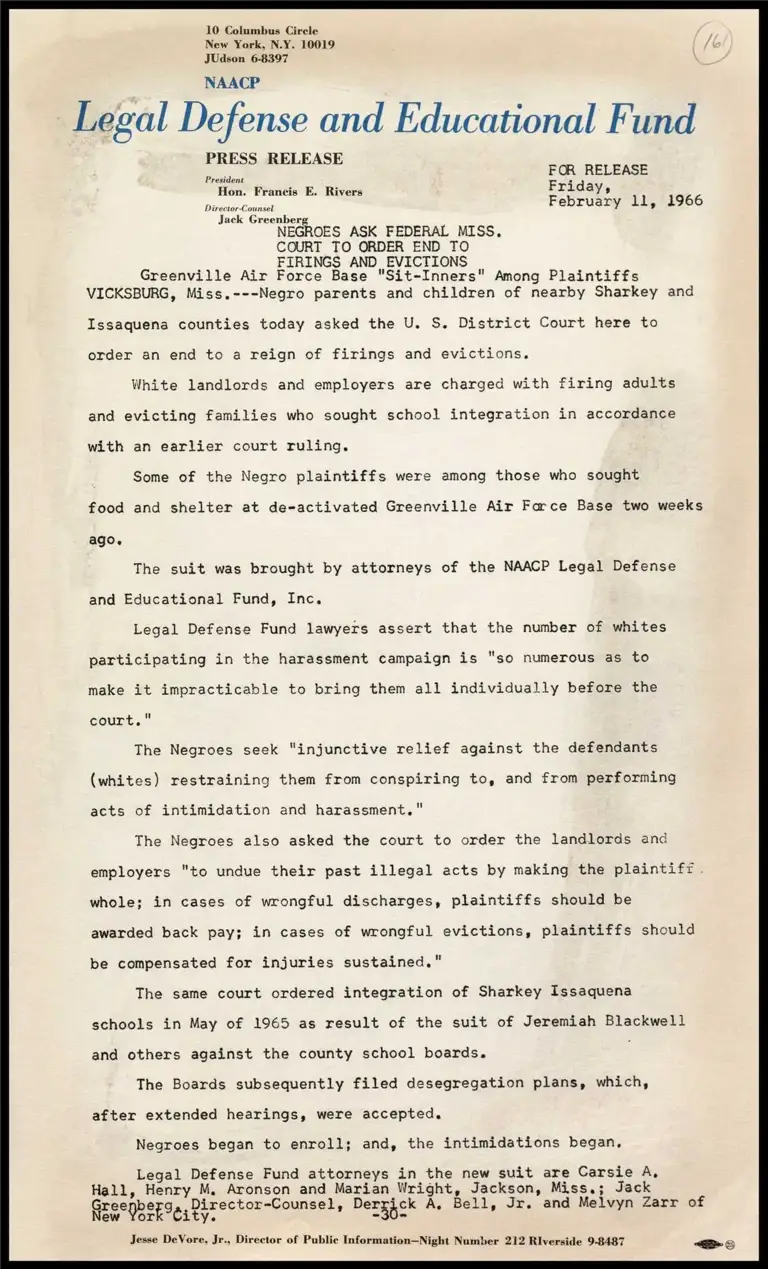 Negroes Ask Federal Mississippi Court to Order End to Firings and Evictions preview