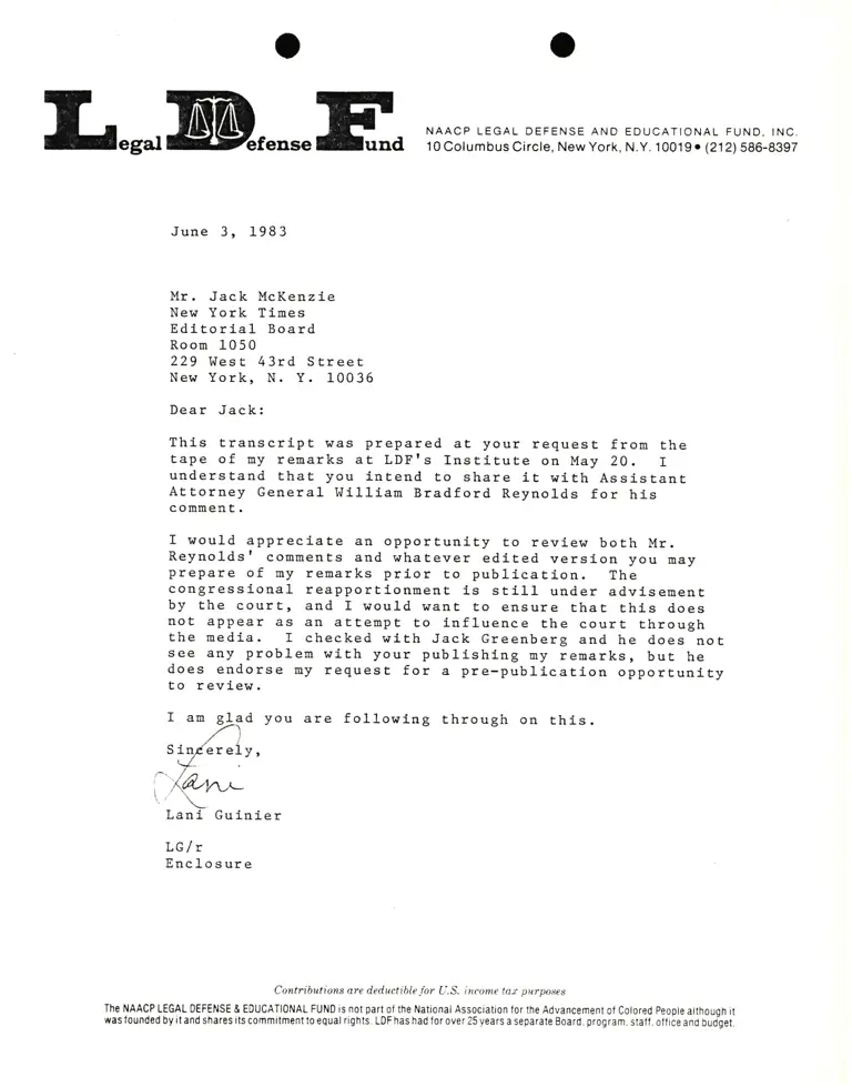 Correspondence from Lani Guinier to Jack McKenzie (New York Times) preview