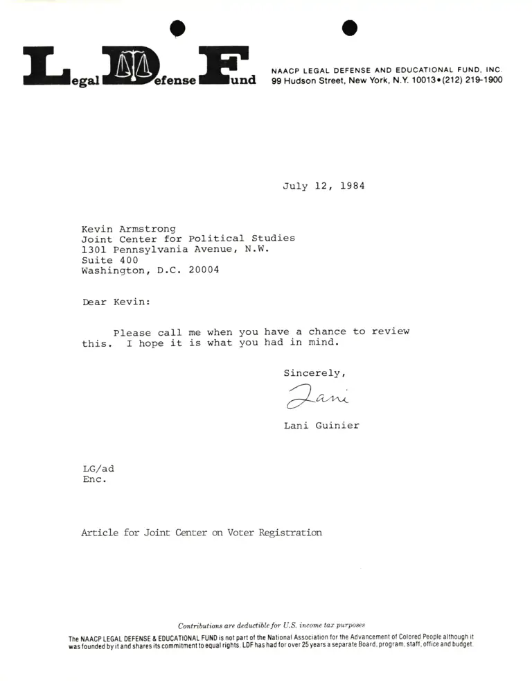 Letter from Lani Guinier to Kevin Armstrong (Joint Center for Political Studies) preview