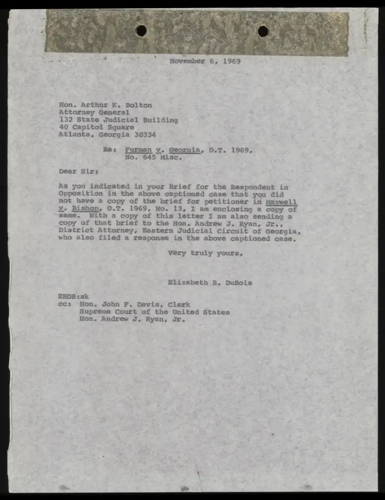 Correspondence from DuBois to Clerk preview