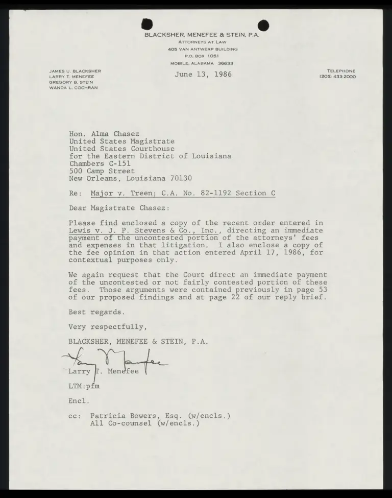 Correspondence from Menefee to Chasez (Magistrate); Lewis v. J.P. Stevens & Co. Judgment in a Civil Case on Award of Fees and Expenses; Orders preview