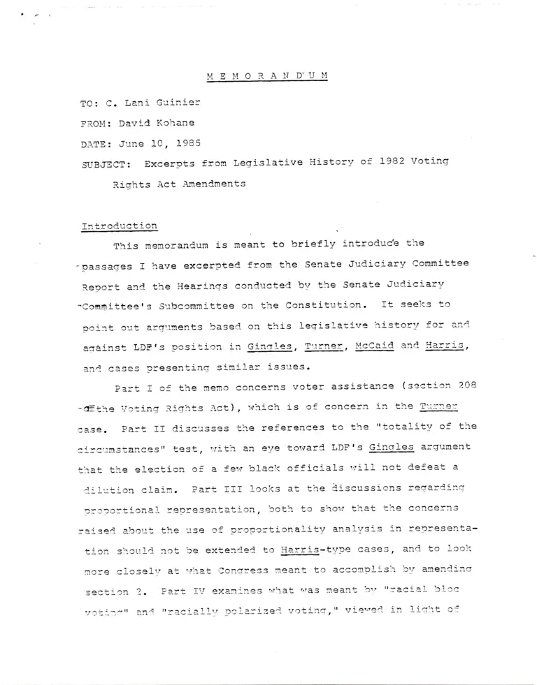 Memo from David Kohane to Lani Guinier RE: Excerpts from Legislative History of 1982 Voting Rights Act Amendments preview