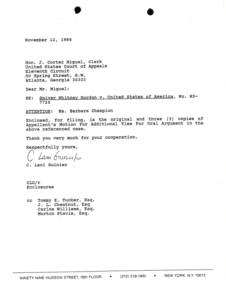 Correspondence from Lani Guinier to J. Cortez Miguel (Clerk) Re: Spiver Gordon v. United States preview