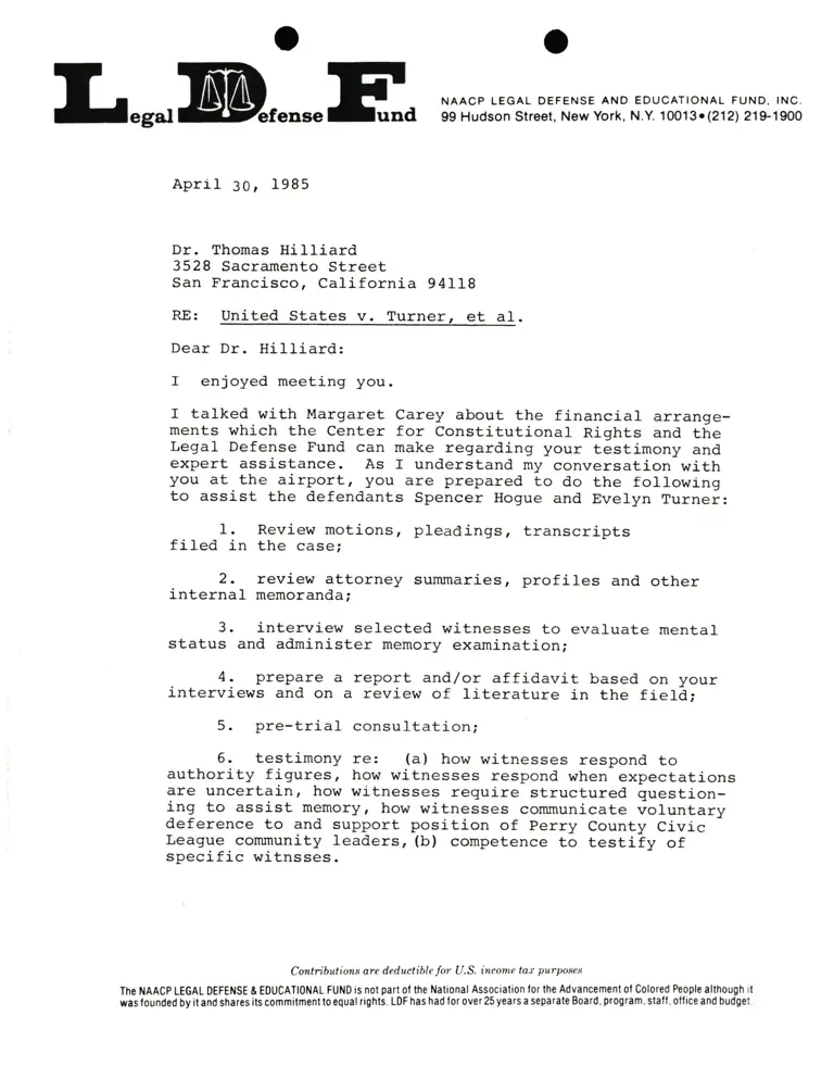 Correspondence from Lani Guinier to Dr. Thomas Hilliard Re United States v. Turner 1 preview