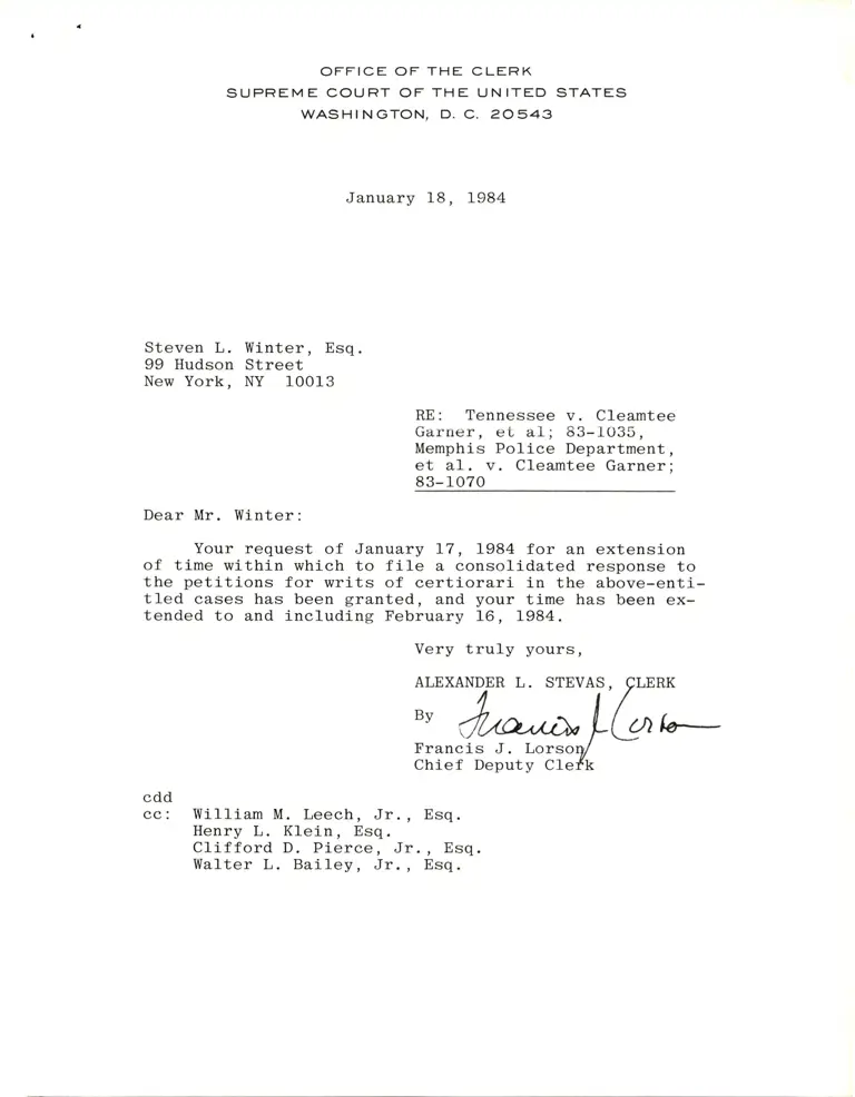 Correspondence from Clerk to Winter Re: Request for Extension preview