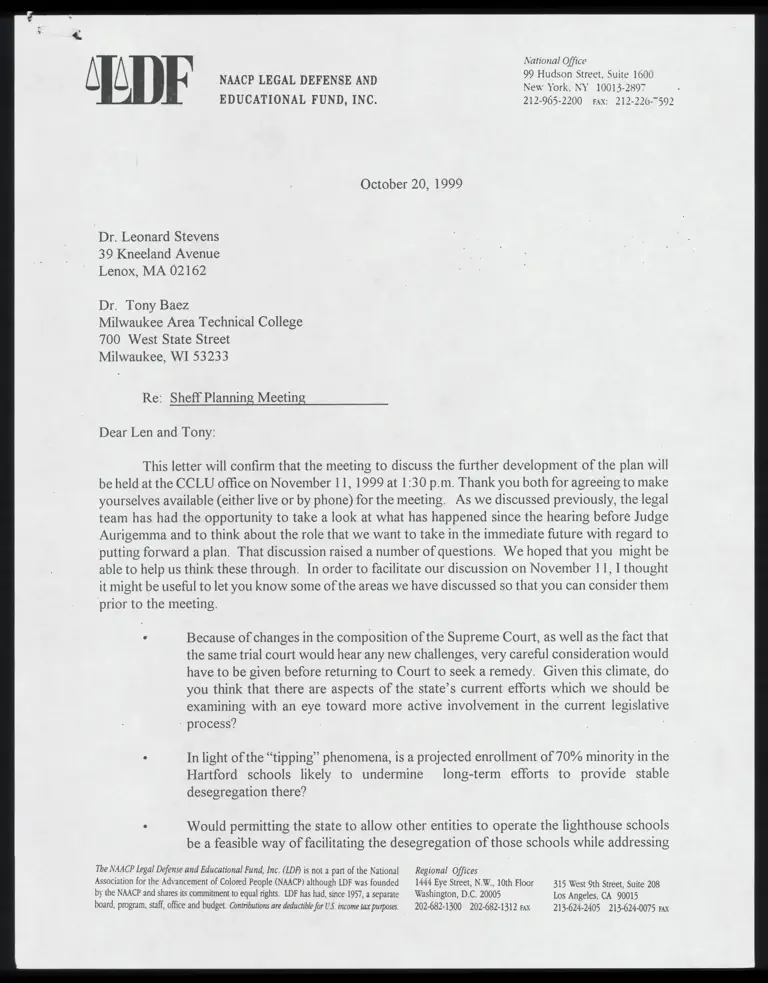 Letter from Parker to Baez RE: Sheff Planning Meeting preview