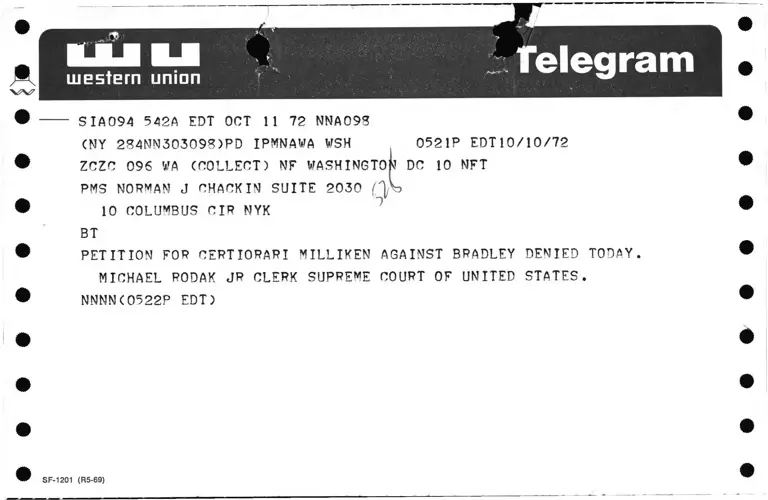 Telegram from Supreme Court to Chachkin RE: Petition for Writ of Certiorari Denied preview