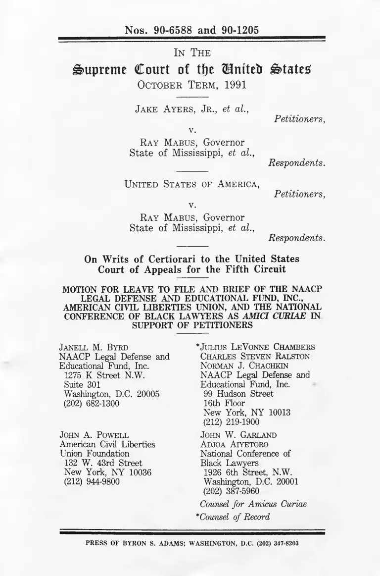 Ayers v. Mabus Motion for Leave to File and Brief of the NAACP Legal Defense and Educational Fund, Inc., American Civil Liberties Union, and the National Conference of Black Lawyers as Amici Curiae in Support of Petitioners preview