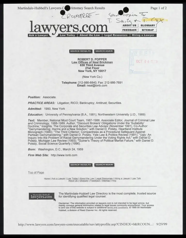 printout from Stein RE: Robert D. Popper preview
