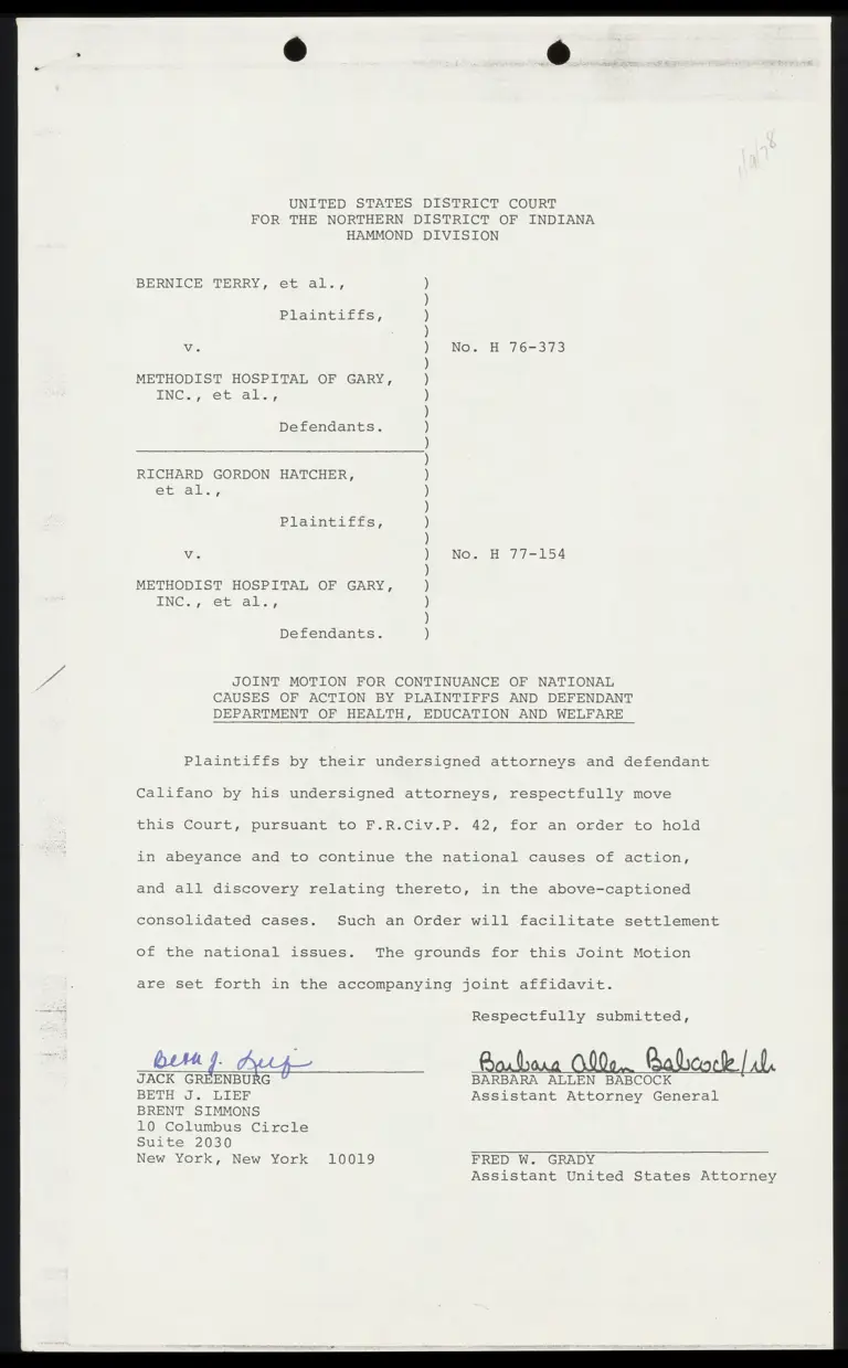 Joint Motion for Continuance of National Causes of Action by Plaintiffs and Defendant; Affidavit; Order preview