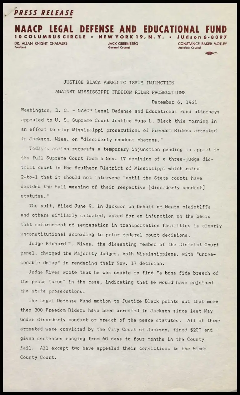 Justice Black Asked to Issue Injunction Against Mississippi Freedom Rider Prosecutions preview