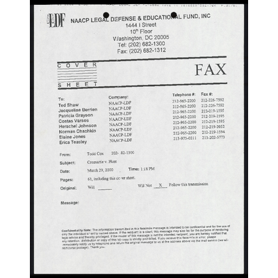 Fax to Co-Counsel from Cox RE: Memo and Order for Pending Cases preview