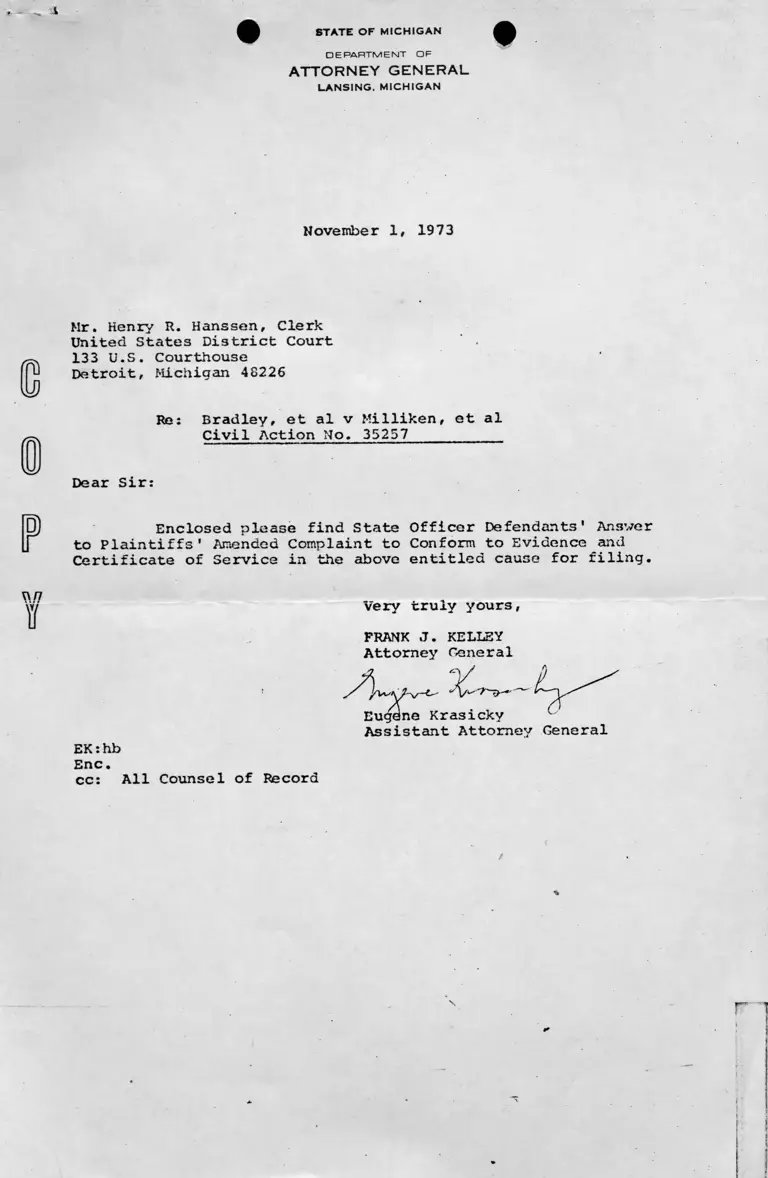 Letter from Krasicky to Hanssen RE: Defendants' Answer to Evidence Complaint with Certificate of Service preview