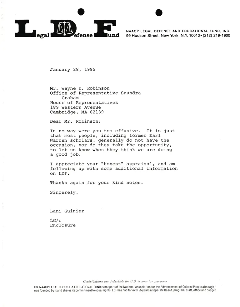 Correspondence from Lani Guinier to Wayne D. Robinson (Office of Representative Saundra Graham) preview