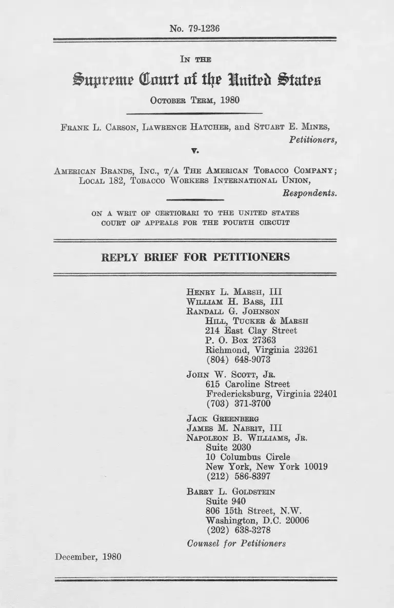 Carson v. American Brands, Inc. Reply Brief for Petitioners preview