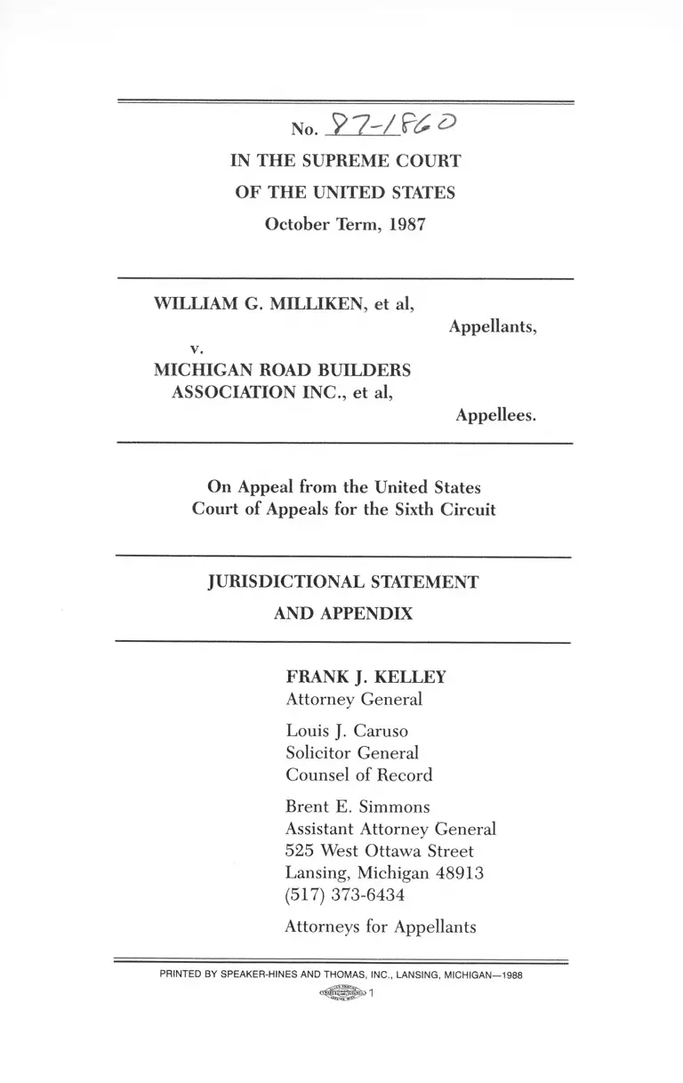 Milliken v. Michigan Road Builders Association, Inc. Jurisdictional Statement and Appendix preview