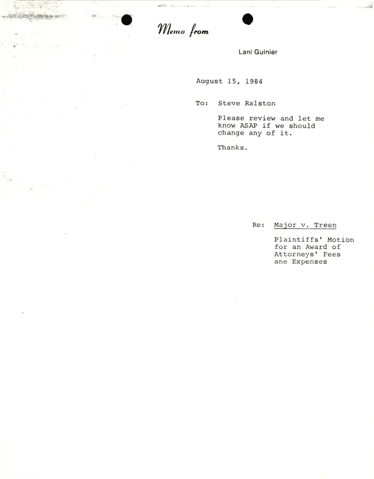 Memo from Lani Guinier to Steve Ralston RE Major v. Treen fees and expenses preview