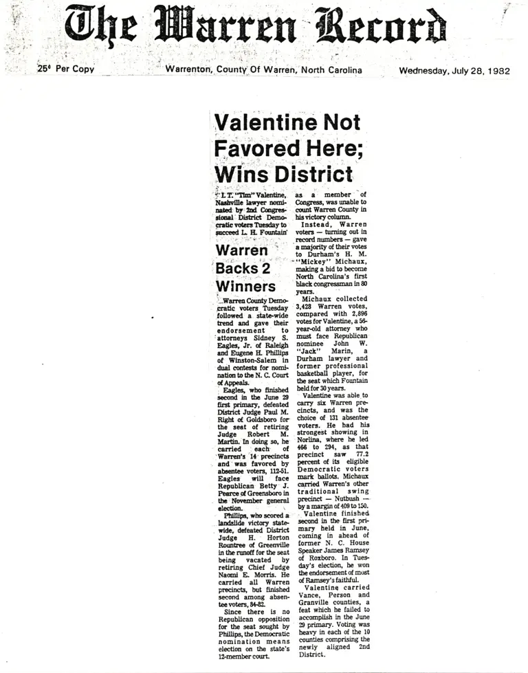 Valentine Not Favored Here; Wins District (The Warren Record) preview