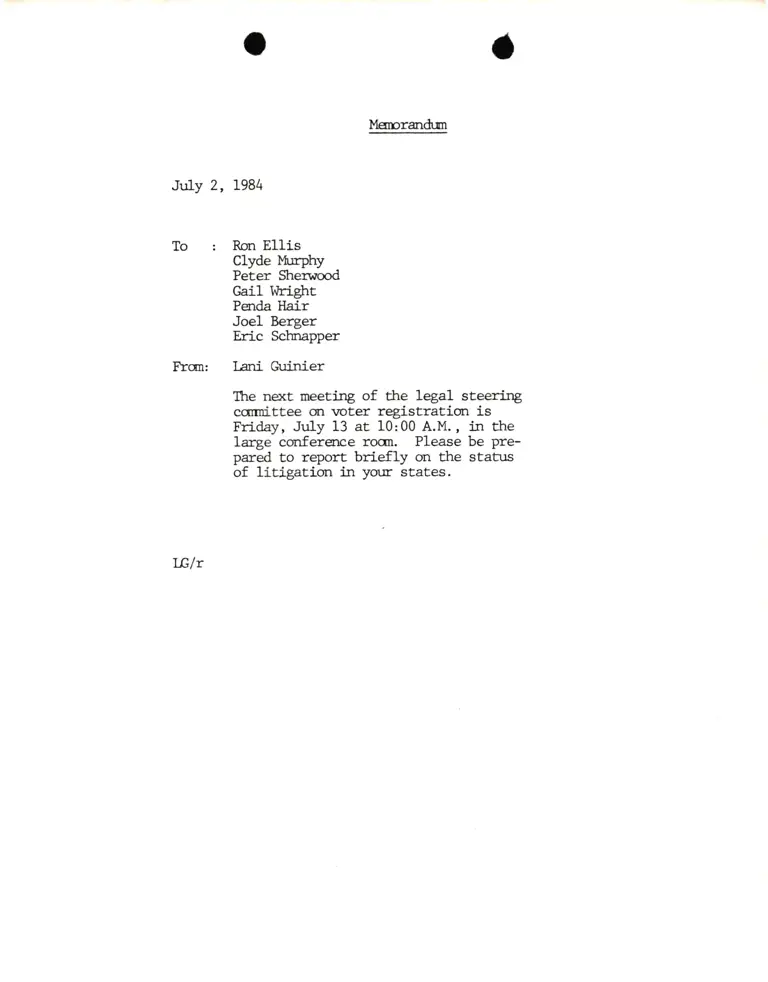 Memo from Lani Guinier RE Legal steering committee on voter registration preview