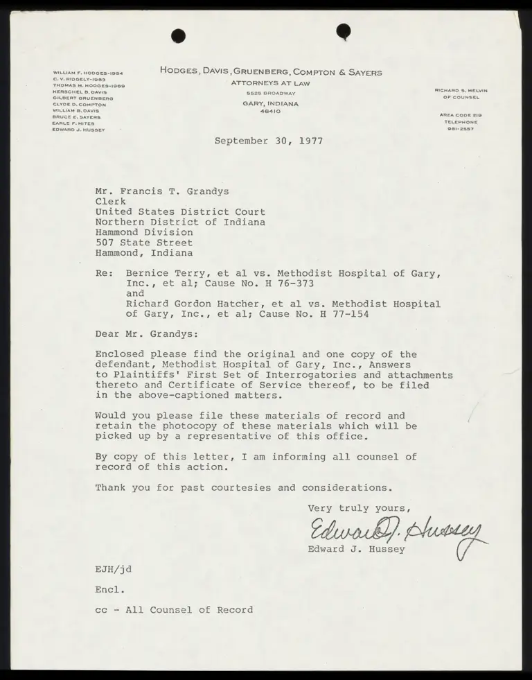 Correspondence from Hussey to Clerk Re: Answers to First Set of Interrogatories preview