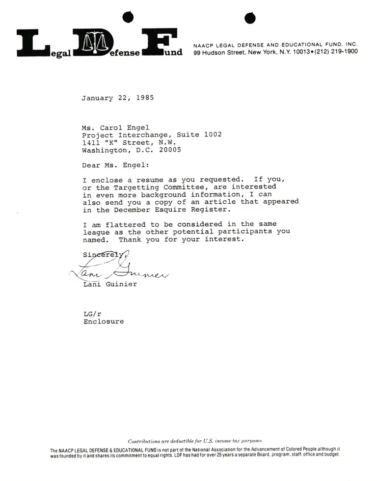Correspondence from Lani Guinier to Carol Engel (Project Interchange) preview
