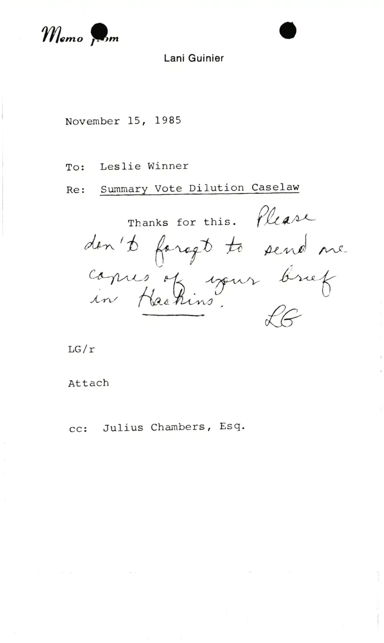 Memorandum from Lani Guinier to Leslie Winner Re Summary Vote Dilution Caselaw preview