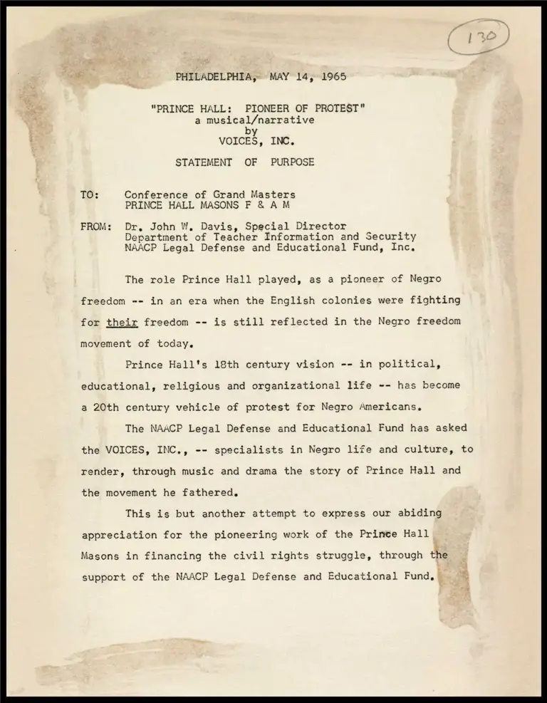 Dr. Davis Memo to Prince Hall Masons on Voices Inc. Tribute to Them preview