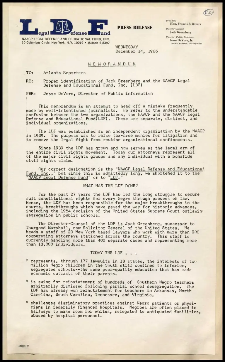 Memorandum on Proper Identification of Jack Greenberg and the NAACP Legal Defense and Educational Fund, Inc. preview