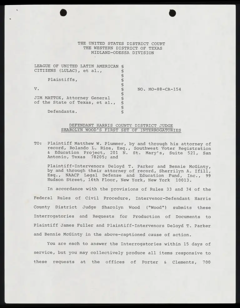 Defendant Judge Wood's First Set of Interrogatories to Plummer and Parker preview