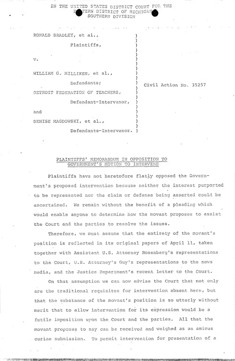 Plaintiffs' Memorandum in Opposition to Government's Motion to Intervene preview