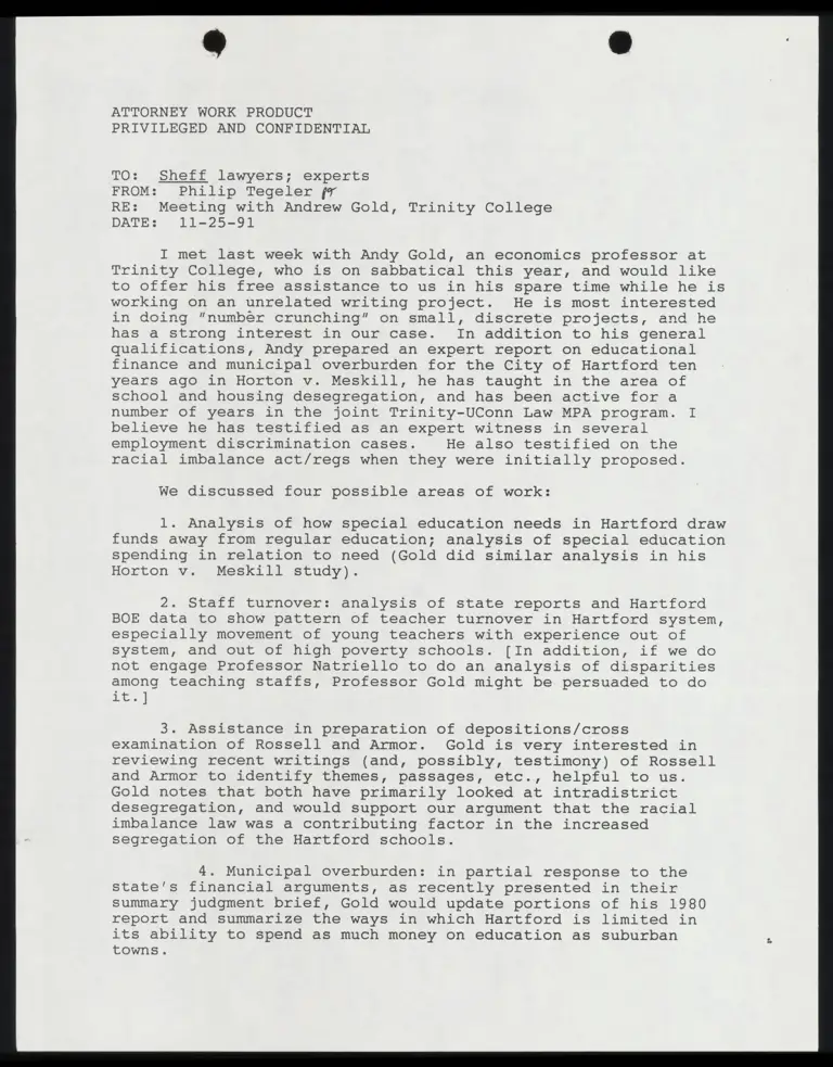 Memo from Tegeler to Correspondence Re: Meeting with Andrew Gold, College preview