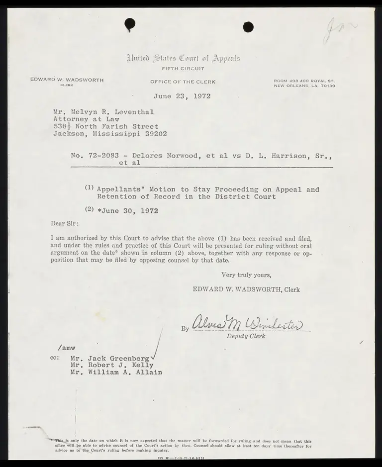 Correspondence from Clerk to Leventhal Re: Motion to Stay preview