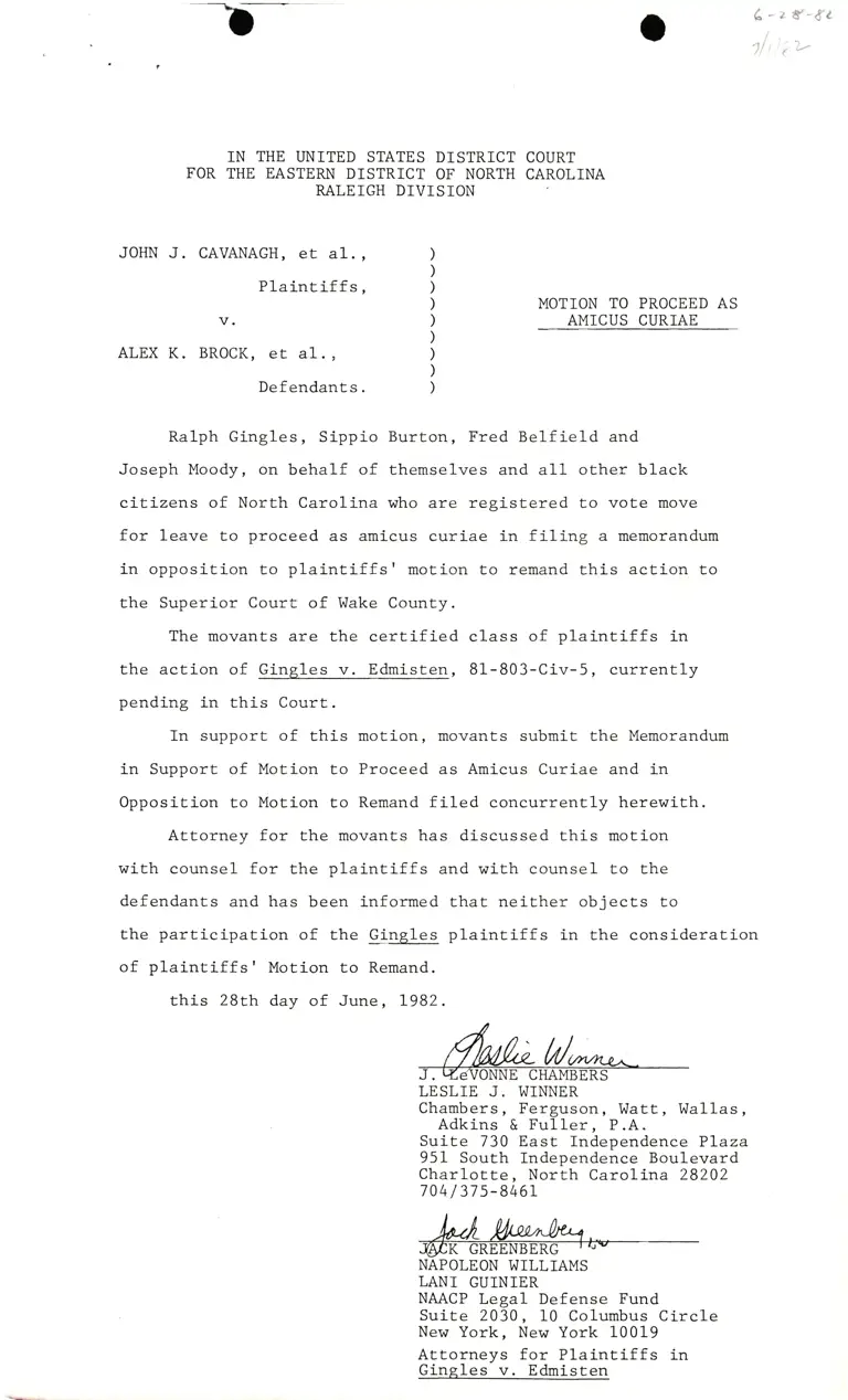 Motion to Proceed as Amicus Curiae; Memorandum in Support of Motion to Proceed as Amicus Curiae and in Opposition to Plaintiff's Motion to Remand; Correspondence from Bradford Reynolds to Brock; Envelope to Guinier preview