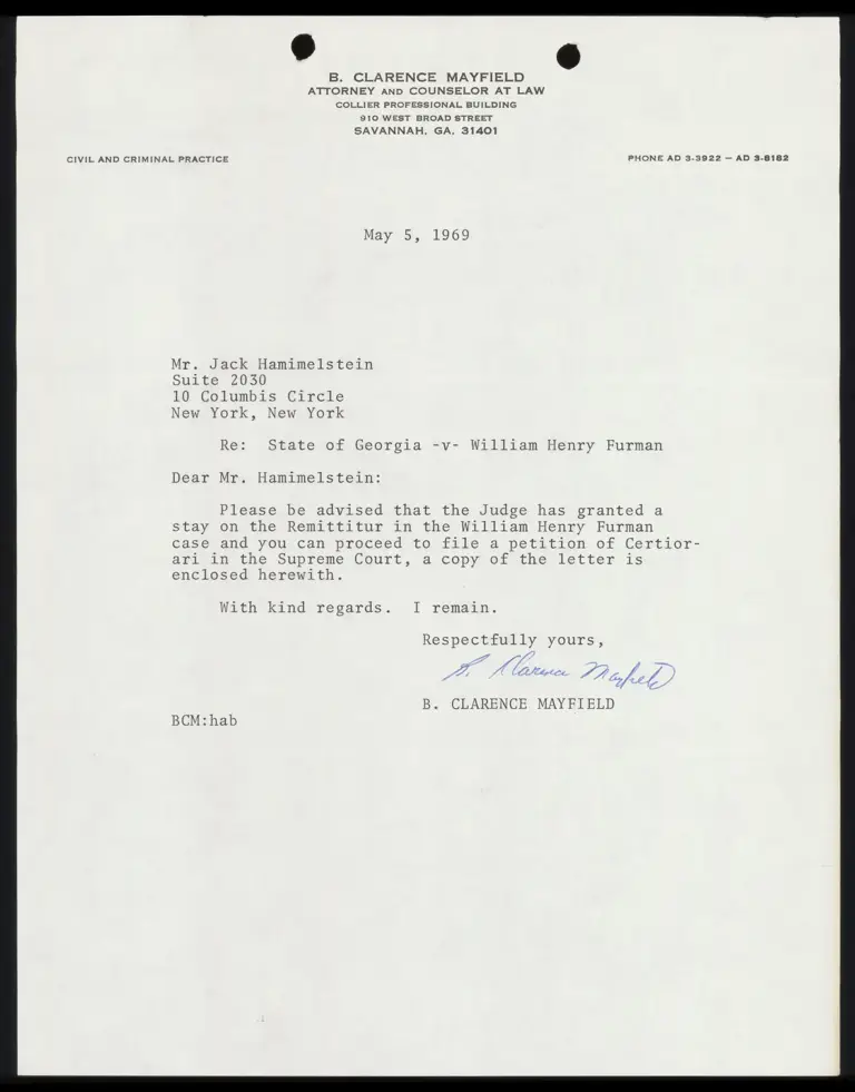 Correspondence from Mayfield to Himmelstein preview