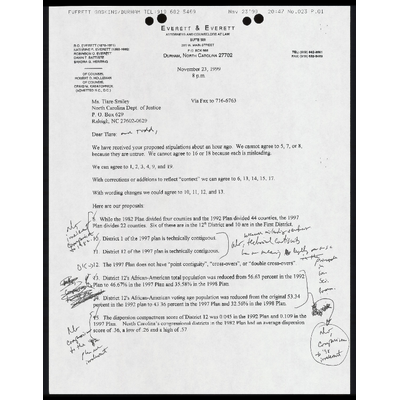 Fax from Markham to Smiley RE: response to proposed stipulations preview