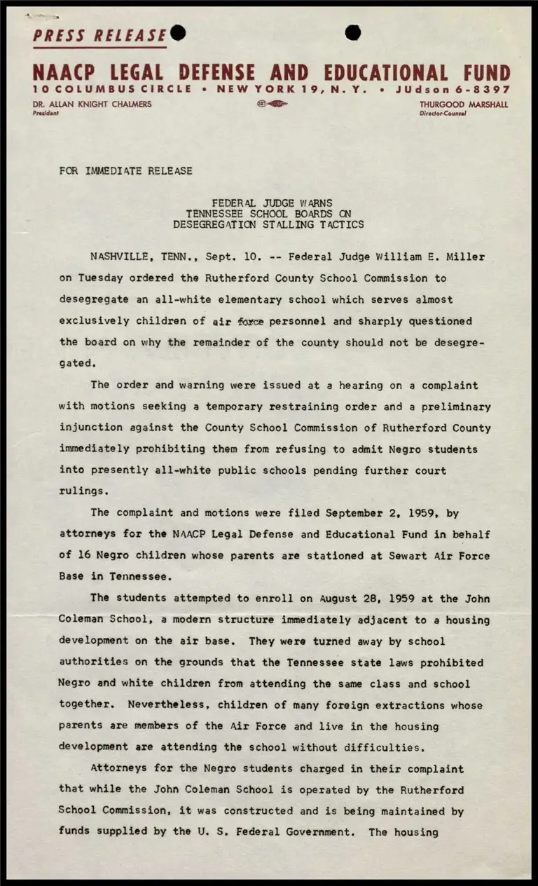 Federal Judge Warns Tennessee School Boards on Desegregation Stalling Tactics preview