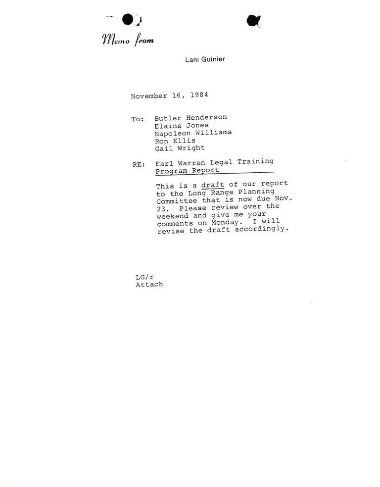 Memo from Lani Guinier to Butler Henderson, Elaine Jones, Napoleon Williams, Ron Ellis and Gail Wright RE: Earl Warren Legal Training Program Report preview